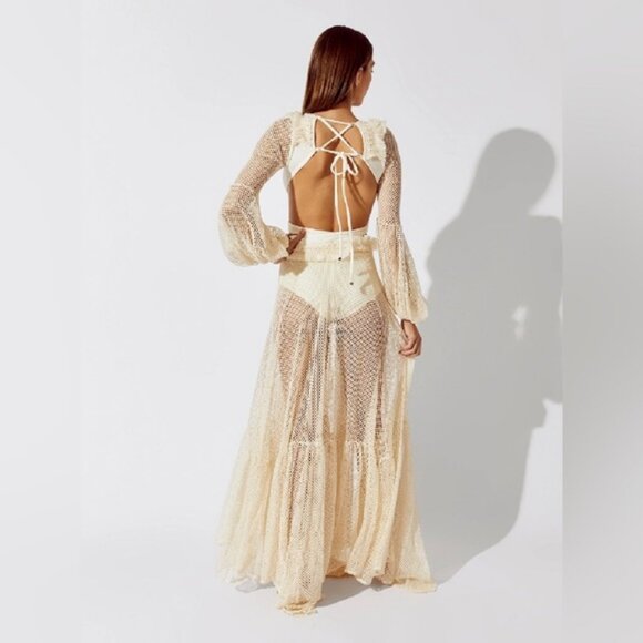 PatBO ! Netted Long Sleeve Fringe Beach Dress in Ivory ( Small ) - Picture 3 of 14